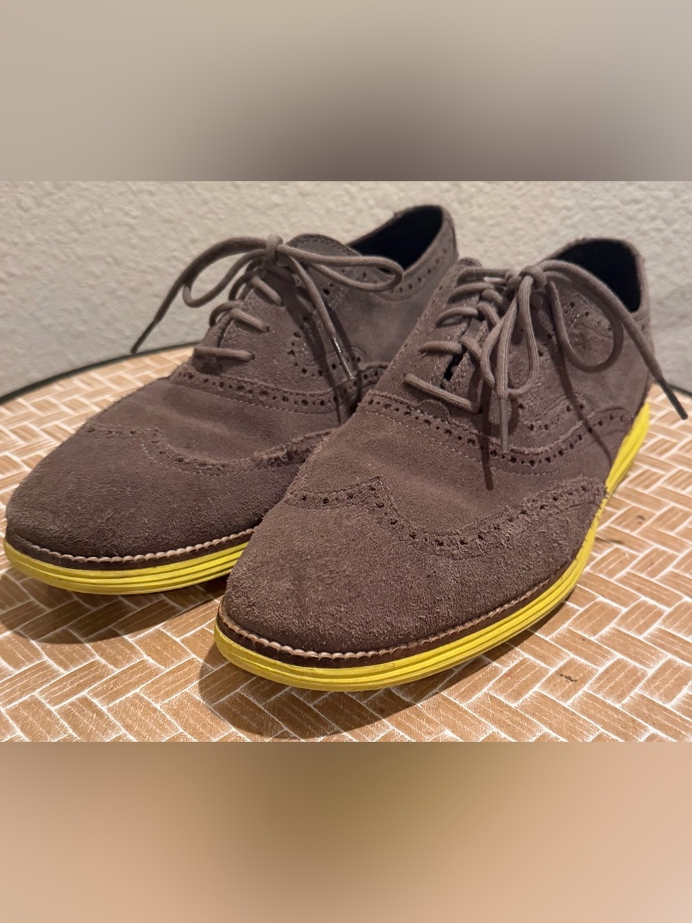 Cole Haan Gray Suede Wingtip Oxford Shoes with Yellow Soles - Men's Size 9 - Picture 2 of 9
